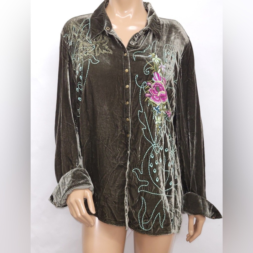 Johnny Was Olive Velvet Button-Front Blouse with Pink Floral Embroidery